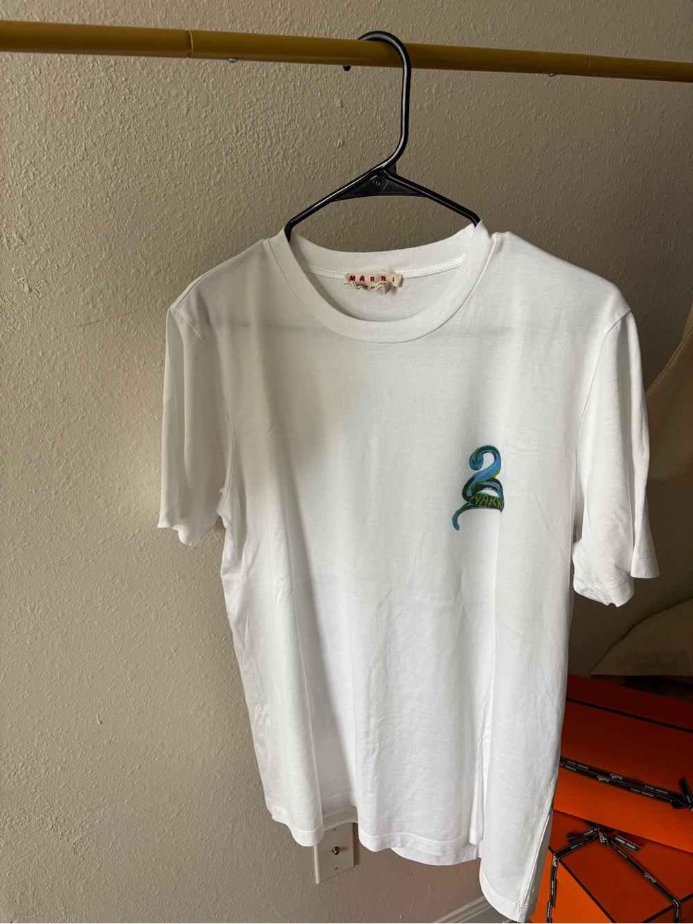 Men’s Marni White Short-Sleeve Tee with Small Green-Blue Snake Motif